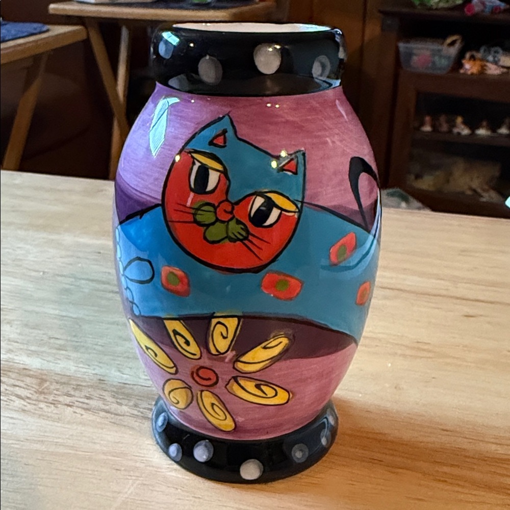 Colorful Cat Design Hand Painted Ceramic Vase by Milson and Louis